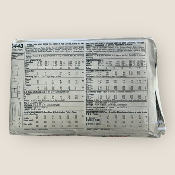 Vintage Simplicity Sewing Pattern 5443 Unisex Scrub Top Jacket Pants Tie Sz S-L - Picture 2 of 2